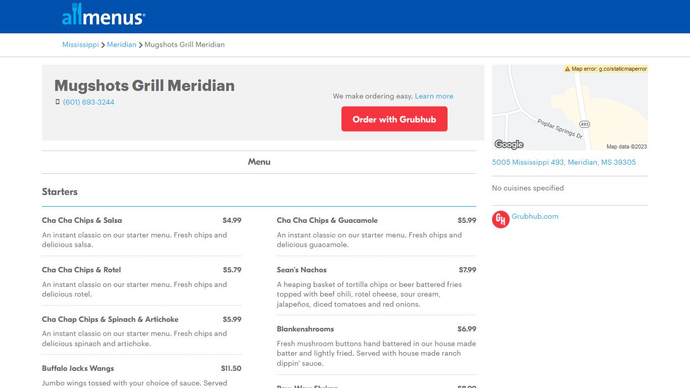 Mugshots Grill Meridian menu - Meridian MS 39305 - (877) 585-1085